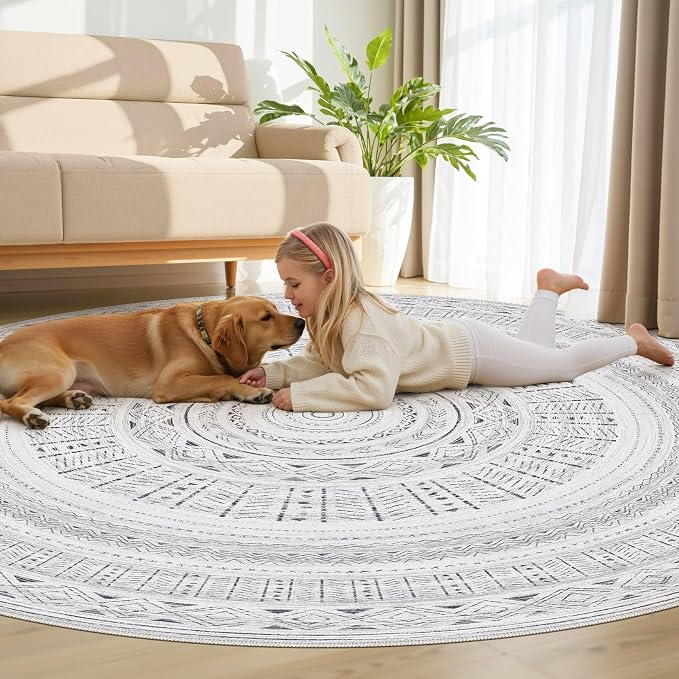 cotiled 8x8 Round Rug 8ft Circle Living Room Boho Area Rugs | Solve Modern Neutral Trendy Home Decor - Washable Foldable Indoor Carpet for Bedroom Home Office Dark Grey