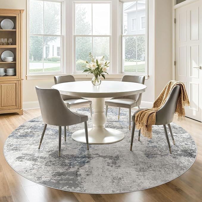 DMOYEST 8ft Round Area Rug for Living Room Washable Non Slip Circle Rug | 8x8 Neutral Modern Abstract Low Pile Rugs Kid & Pet Friendly Soft Carpet for Bedroom Dining Room - Grey Blue