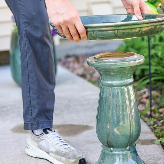 Sunnydaze Avignon Outdoor Ceramic Bird Bath - 18.75" H - UV- and Frost-Resistant - Pedestal Design - Green Mist