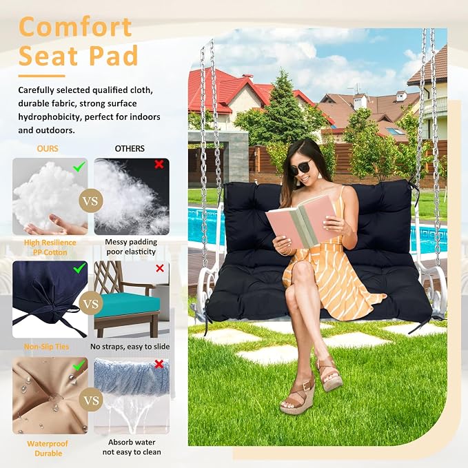 Swing Replacement Cushions for Outdoor: 2-3 Seater Waterproof Porch Bench Cushion with Backrest and Ties - 4" Thick Swing Cushion for Garden Patio Backyard Loveseat