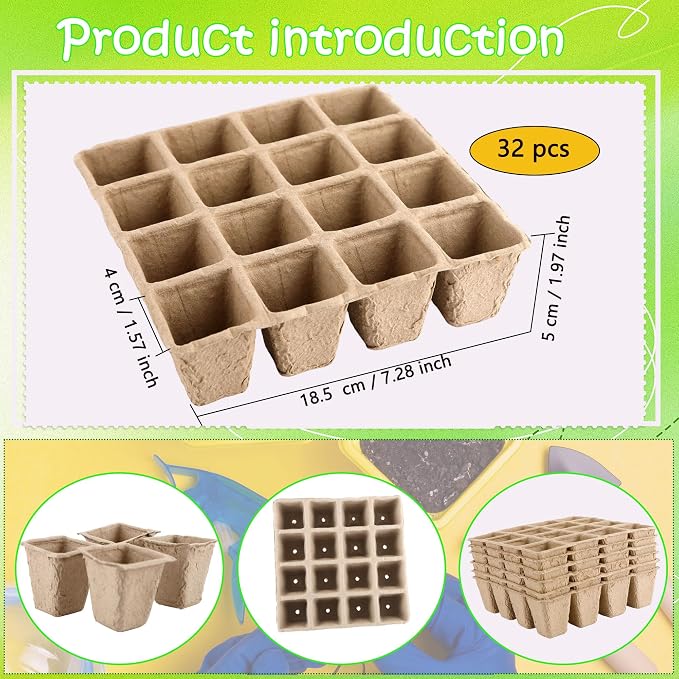 32 Packs of 512 Cells Seed Starter Trays Biodegradable Seedling Sets Organic Plant Seedling Trays with Holes Plant Starter Kit for Herb Seed Starter