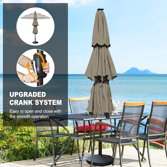 Eurmax USA 10-Year-Non-Fading 10FT 3-Tier Outdoor Patio Market Umbrella with LED Lights,UPF50+ UV Resistant,Commercial Grade,Crank Lift Design,Windproof Vented Top for Garden,Pool,Deck,Taupe