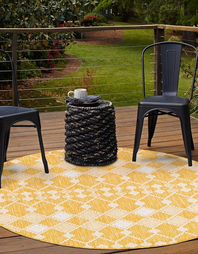 Unique Loom Outdoor Trellis Collection Area Rug - Traliccio (10' Round, Yellow/ Ivory)