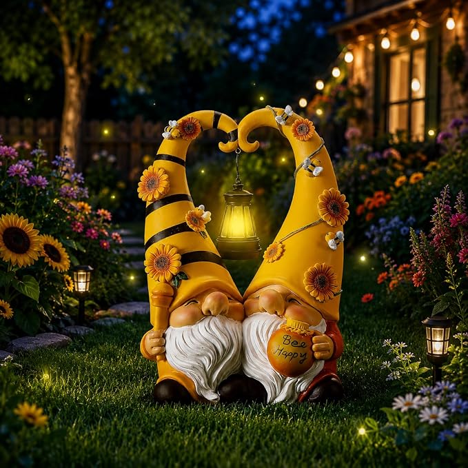 Kathfly Solar Bee Gnome Statue Gifts 11.8 Inches Garden Resin Sunflower Bee Gnome Statue with Solar Lights Double Cute Gnomes Statues for Birthday Gift Yard Patio Lawn Porch Decor
