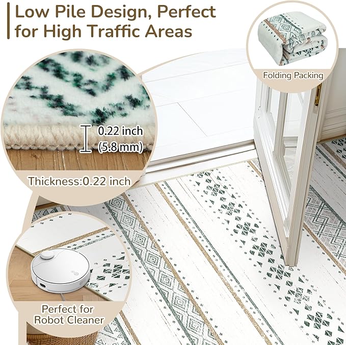 9x12 Washable Area Rugs for Living Room Boho Bedroom Rug Green/Brown | Vacuum Friendly, Machine Washable, Non-Slip Rug, Stain Resistant, Moroccan Geometric, Low Pile Carpet, Dining Room Kitchen