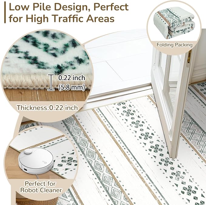 8x10 Washable Area Rugs for Living Room Boho Bedroom Rug Green/Brown | Vacuum Friendly, Machine Washable, Non-Slip Rug, Stain Resistant, Moroccan Geometric, Low Pile Carpet, Dining Room Kitchen
