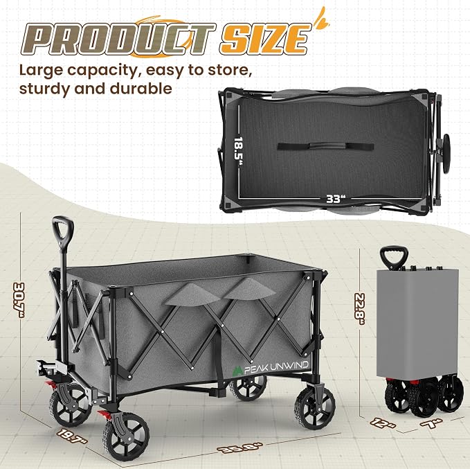 Wagons Carts Foldable,Collapsible Wagon with Wheels,450LBS Heavy Duty Beach Wagon Cart,Lightweight Portable Folding Utility Wagon Cart with Cup Holders for Camping, Garden, Sports, Grocery pcs (Gray)