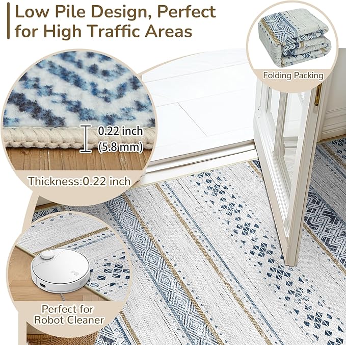 8x10 Area Rugs for Living Room Washable Moroccan Farmhouse Neutral Geometric Low Pile Non-Slip Soft Print Pattern Rug for Bedroom Kitchen Dining Room Entryway Blue/Brown | Vacuum Friendly, Machine Washable, Non-Slip Rug, Stain Resistant, Moroccan Geome...