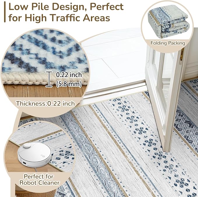 4x6 Washable Area Rugs for Living Room Boho Bedroom Rug Blue/Brown | Vacuum Friendly, Machine Washable, Non-Slip Rug, Stain Resistant, Moroccan Geometric, Low Pile Carpet, Dining Room Kitchen