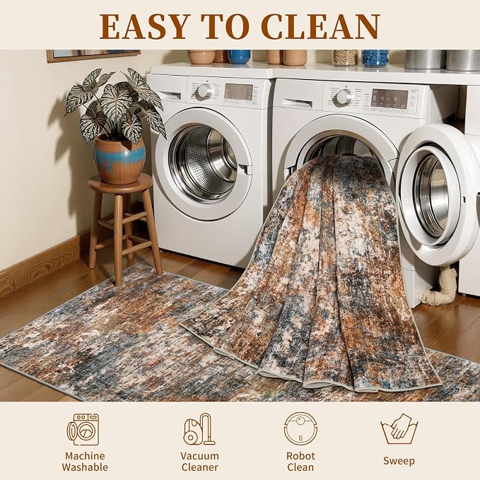Tangsoo Abstract 3x5 Washable Area Rug, Modern Non Slip Accent Rugs | Contemporary Print Indoor Carpet, Soft Low Pile Foldable Rugs for Living Room Bedroom Bedside Entryway Rust Grey Home Decor