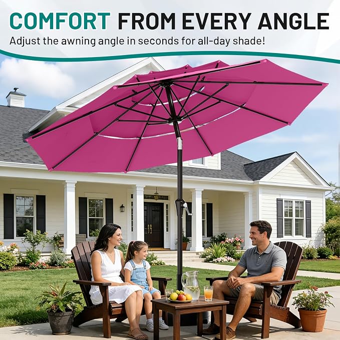 AreShark 9ft 3-Tier Patio Umbrellas, Outdoor Umbrella with 8 Sturdy Ribs UV Protection Windproof, Market Table Umbrella w/Push Button Tilt & Crank for Pool, Porch, Deck, Garden(Rose Pink)