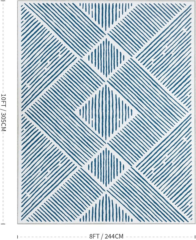 8‘x10' Washable Blue and White Rug, Modern Area Rug for Living Room | Non-Slip, Low Pile, Stain Resistant, Navy Blue Geometric Stripe Large Rug for Bedroom Dining Room