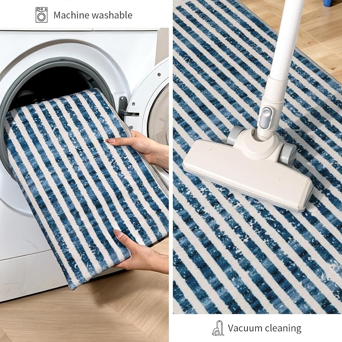 Washable 2x6 Modern Striped Area Rug, Abstract Runner for Hallway,Kitchen | Beige Blue, Soft Low Pile, Skin Friendly, Non-Slip for High Traffic, Laundry Vintage Coastal Nautical Style Home Decor