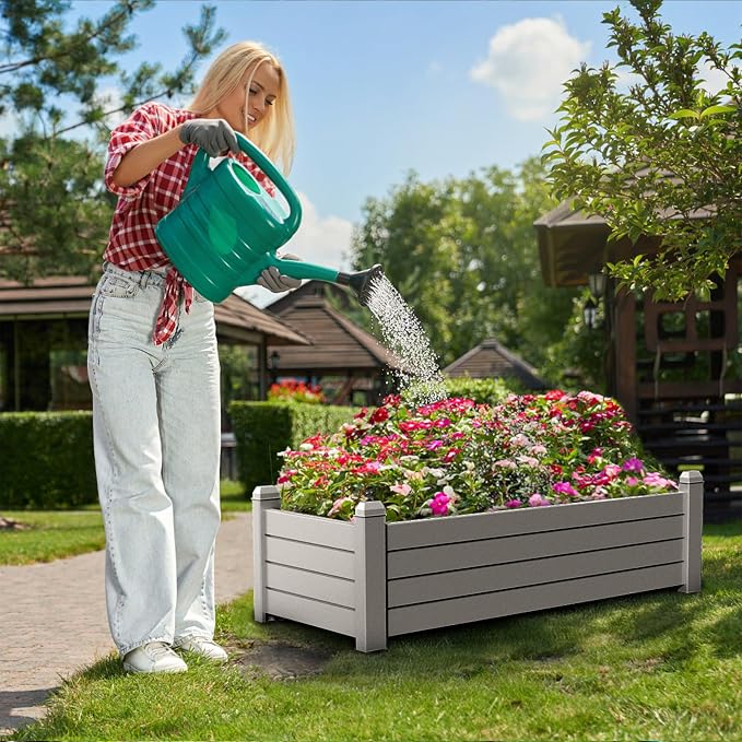 Vixzen Raised Garden Bed Outdoor,Resin Weatherproof Planter Box with Drain Hole and Water Level Detector,for Planting Plants Vegetables (Grey, 43.31"×17.72"×12.6")