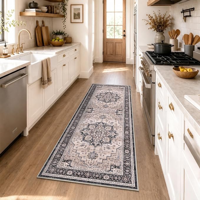 2x6 Vintage Runner Rug Low Pile Non-Slip Washable Hallway Rug | Retro Distressed Print Rug Non-Shedding Soft Washable Carpet Stain Resistant Runner for Hallway Kitchen Bedroom Laundry Room