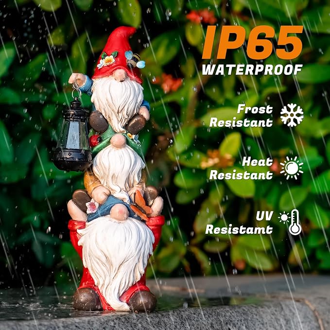 twinbling 12 in Garden Gnome Statue with Solar Lights Birthday Gift for Mom Woman Grandma Garden Sculptures Funny Triple Gnome Outdoor Patio Lawn Yard Balcony Home Decor