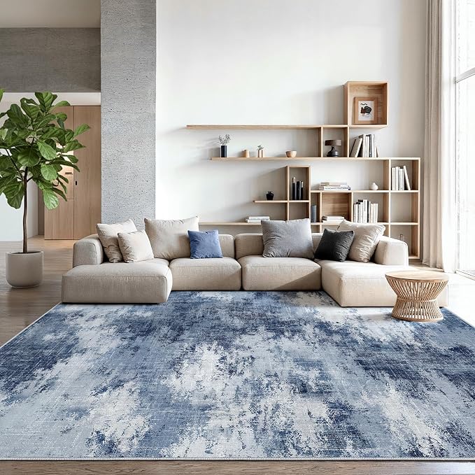 AMADA HOMEFURNISHING 10x14 Area Rugs for Living Room, Modern Large Area Rugs with Non-Slip Backing & Low Pile, Neutral Soft Washable Rug for Large Bedroom Dining Room Nursery Office, Dark Blue