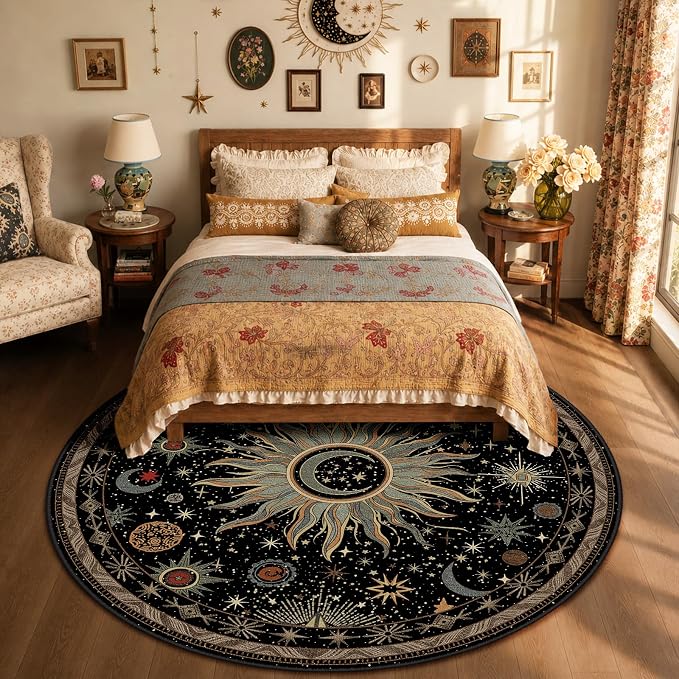 Vacuum-Friendly, Round 8ft Washable Area Rug, Black Green Beige | Sun and Moon Boho Gothic Non-Slip Low Pile Living Roon Bedroom Dining Room Kitchen Entry Entryway Entrance Hallway Doormat