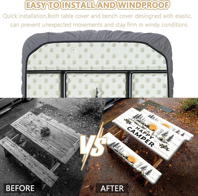Picnic Table Cover with Bench Covers Elastic Edges, Outdoor Patio Camping Essentials 72 Inch 3PCS, Waterproof Camping Fitted Tablecloth with Handbags (Happy Camper)