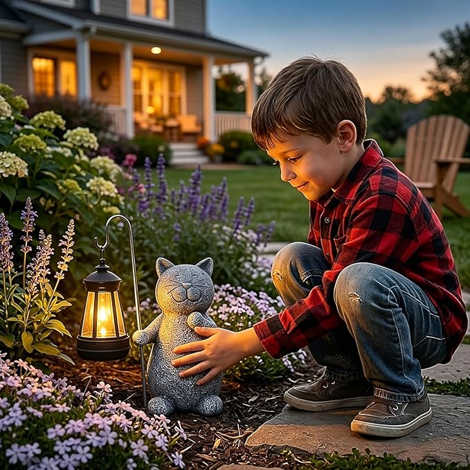 Qeeman Solar Cat for Garden Decor: Weatherproof Resin Statues | Warm Glow Lantern Outdoor Decoractions for Yard Pathway Patio Porch Balcony Front, Gifts for Mom Grandma Lovers