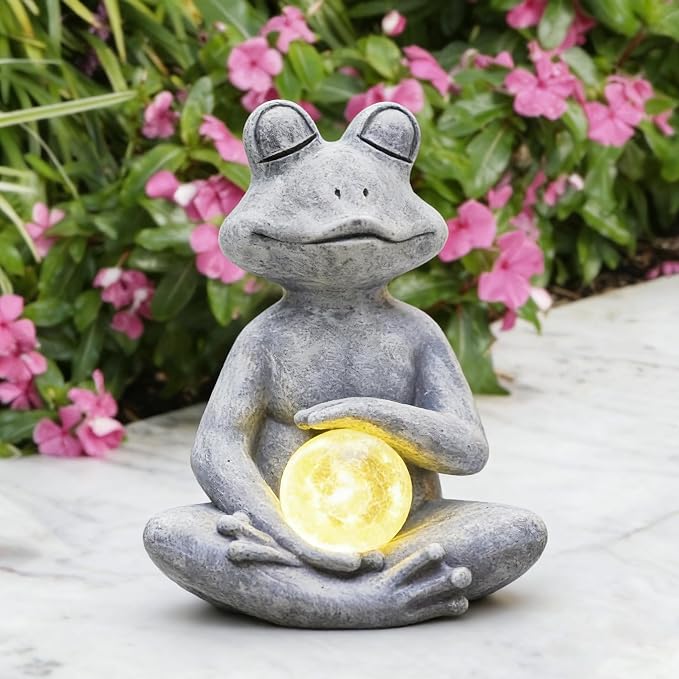 Solar Meditating Yoga Frog Statue 6.8L x 9.65H | Zen Garden Figurines for Home and Garden Decor, Frog Decorations Gift Ideas, Gifts for Women Mom