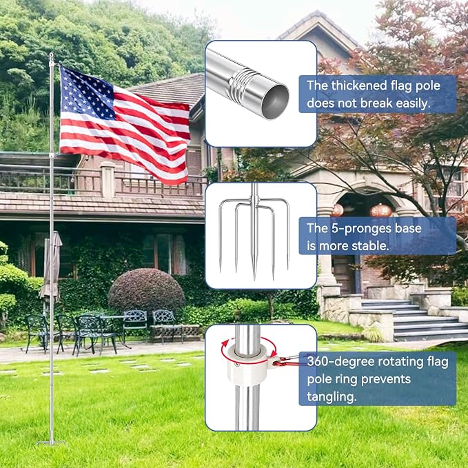 ZMTECH 12 FT Flag Pole in Ground, Heavy Duty Flag Pole Holder for Outside House with 5 Pronges Base, Extra Thick Flag Pole Kit for Yard Outdoor Garden Decor Residential Commerical Silver