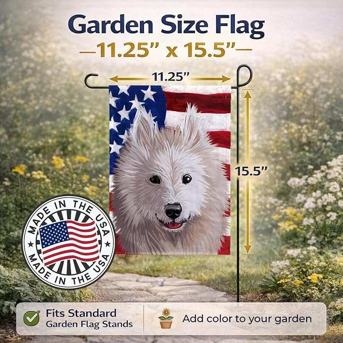 Caroline's Treasures CK6687GF Samoyed Dog American Flag Garden Flag Mailbox Flag Decorative Yard Flag Banner Outside Patio Artwork Yard Flower Beds, Garden Size, Multicolor