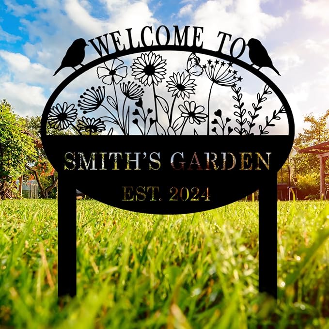 Personalized Metal Garden Flower Sign with Stakes, Custom Garden Decor for Outdoor, Flower Sign Plaque, Yard Sign, Lawn Decoration Art, Farmhouse Gift