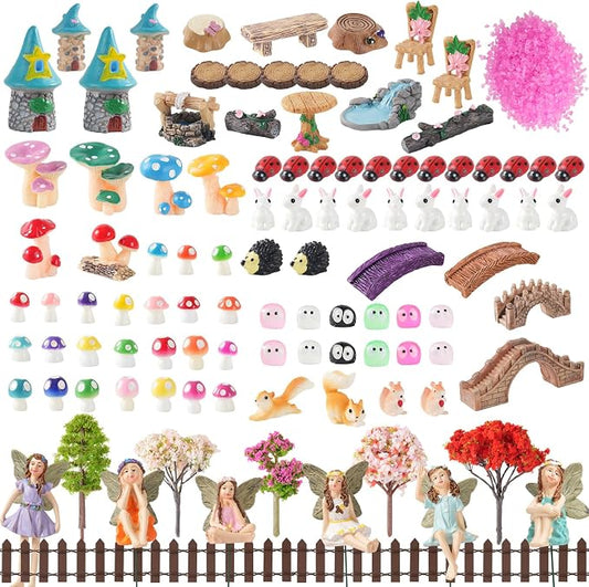 101 Pcs Resin Miniatures Figures Fairy Garden Kit, Fairy Garden Accessories Outdoor for DIY Dollhouse Micro Landscape