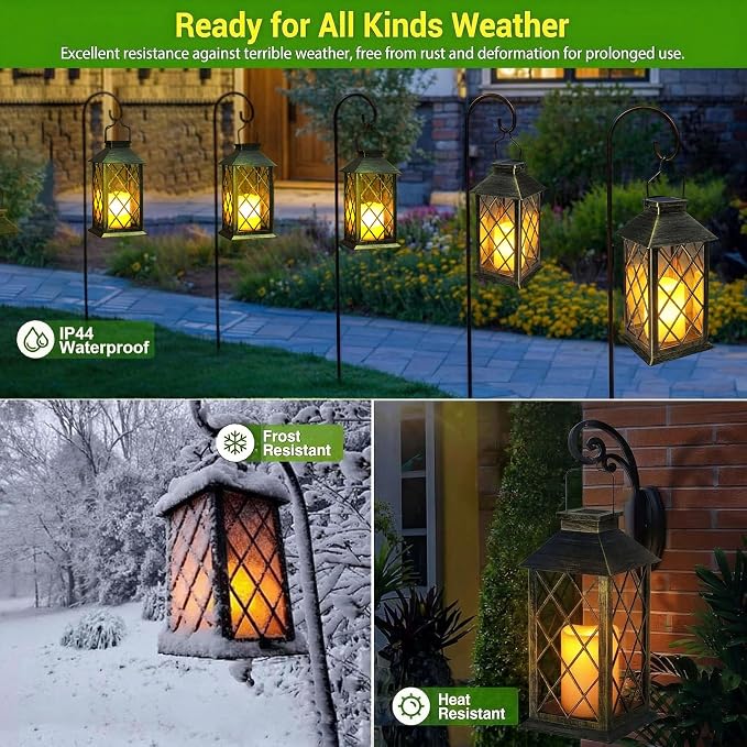 Yowin Solar Lanterns Outdoor Waterproof 2 Pack 14" Large Tempered Glass Hanging Solar Lantern with Flameless Candle, Garden Gifts, Table Lamp for Wall Balcony Patio Vintage Decorations - Bronze