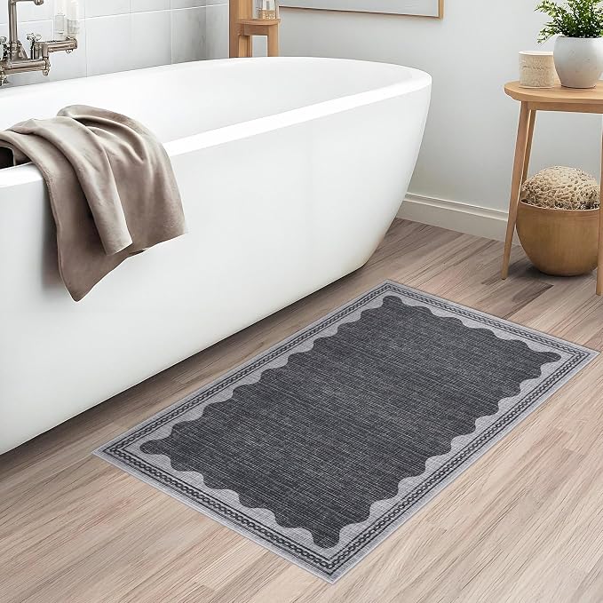 2x3 Scalloped Area Rugs Grey Washable Entryway Bedroom Rug | Solid Small Area Rug Non Slip Scalloped Bath Mat, Front Door Mat Indoor Entrance,Soft Girls Nursery Dorm Carpet for Kitchen