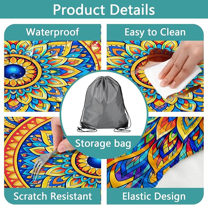 Fitted Picnic Table Cover with Bench Covers,Blue Bohemian Waterproof Elastic Edges Rectangle Patio Tablecloth Outdoor Camping Essentials Stuff Rv Accessories Summer Travel Trip Camper Gifts