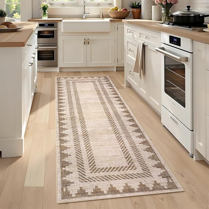 GarveeHome Modern Geometric Runner Rug 2x6 Washable Hallway Runner Unique Bordered Neutral Bathroom Rug Non Slip, Non Shedding Stain-Resistant Kitchen Mat, Soft Low Pile Neutral Carpet for Laundry,Tan