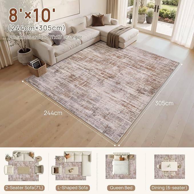 UERMEI 8x10 Area Rug for Living Room Washable Abstract Red Brown Carpet | Low Pile Non-Slip Soft Neutral Modern Kid Pet Friendly Large Rugs For Bedroom Dining Room Nursery Office Indoor Decor