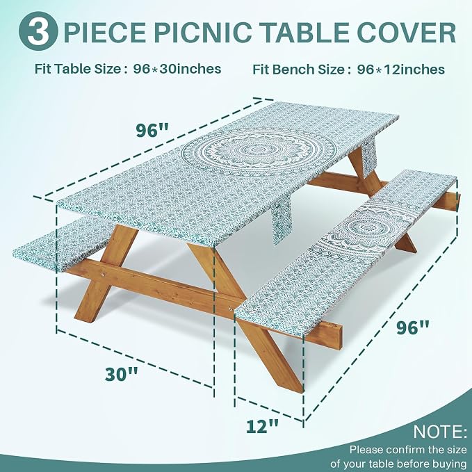 Jobunai Fitted 8Ft Picnic Table Cover with Chair Covers Elastic Polyester Stain Resistant Reusable Camping Table Cloth Patio Family Glamping Things Hiking Rv Traveling Needs Gifts for Grandparents