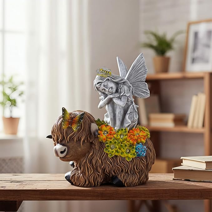 Angel Garden Decor Statue Solar Angel Sitting on Highland Cow Succulent Butterfly Bee LED Lights Outdoor Decorations for Yard Patio Housewarming Gift for Mom Women