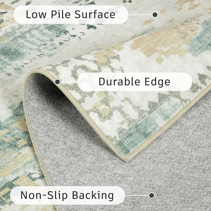 DCX 5x7 Area Rug Living Room: Washable Abstract Indoor Carpet Sage Green | Non-slip backing keeps this soft, washable low-pile rug secure and easy to clean—pet-friendly for bedrooms and offices