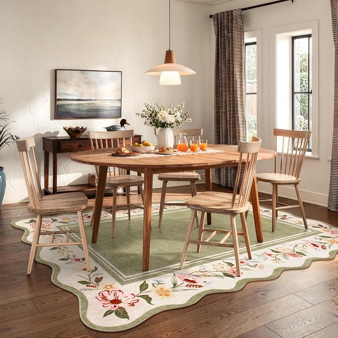 Lahome Floral Scalloped Rug 5x7, Green Rugs for Living Room Ultra-Thin, Vintage Boho Washable Area Rug 5x7 Soft Bedroom Rugs Non-Slip Throw Carpet for Farmhouse Dining Room Playroom Ariele