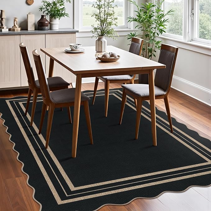 Scalloped 5x7 Rug for Living Room, Easy Jute Washable Outdoor Patio Carpet, Farmhouse Indoor Black Geometric Rug Neutral Non Slip Carpet for Living Room Backyard