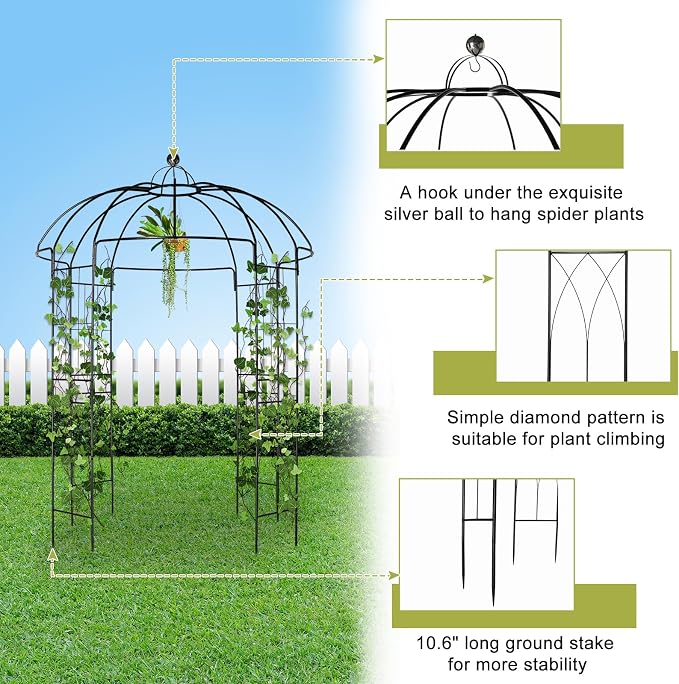 VINGLI Metal Garden Arbor Birdcage Shape, Outdoor Frame Trellis for Climbing Plants, Garden Arch Pergola for Patio, Backyard, Wedding Ceremony