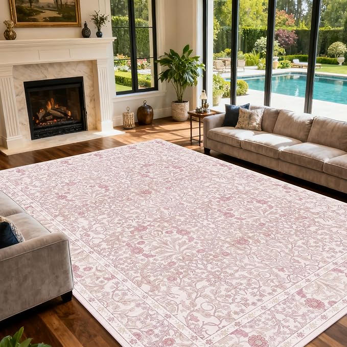 Extra Large 10x14 Area Rug for Living Room, Washable Rugs for Dining Room, Bedroom, Non Slip Stain Resistant Carpet, Low Pile Vintage Floral Rug (Pink)