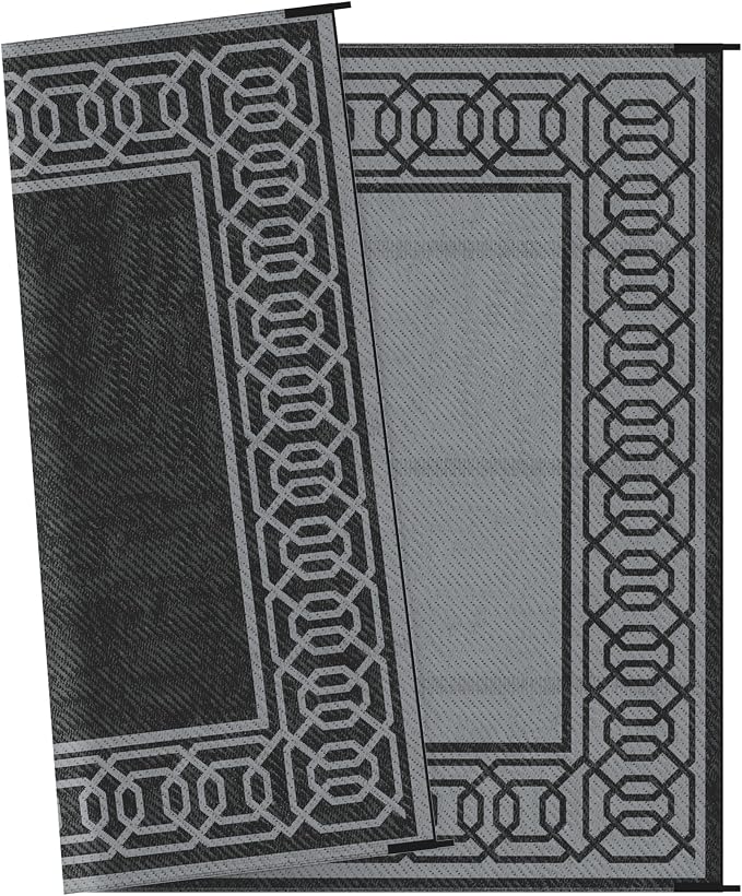 Outsunny Outdoor Rug for Patio, 9' x 12' Waterproof Large Mat, Reversible Plastic Straw Rug for Decor, Portable Outside RV Camping Area Carpet Mat for Backyard Porch Deck Picnic, Black & Gray Border