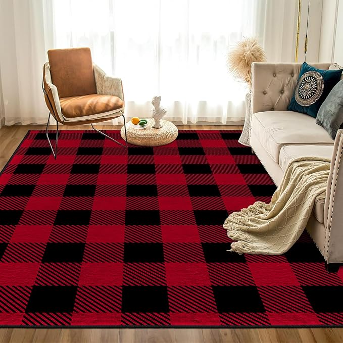 Red Black Buffalo Plaid Rug 6' x 9' Buffalo Check Rugs Carpet Living Room | Christmas Halloween Area Rugs for Bedroom Dining Room, Machine Washable, Non Slip