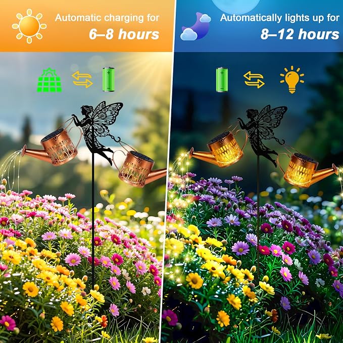 2 Pack Solar Watering Can Lights, Metal Solar Lights Outdoor Decorative with Fairy Silhouette Stake, Waterproof Hanging Lantern Garden Decor Light for Outside, Patio, Yard, Birthday Gifts for Women
