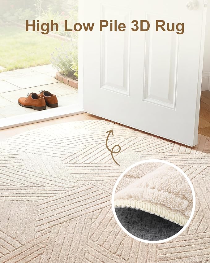 Carvapet Washable 6.5' Round Rug High Low Pile Beige Area Carpet | 3D-effect Soft plush non-slip indoor floor rug, ideal for living room, bedroom, home and kids nursery decor