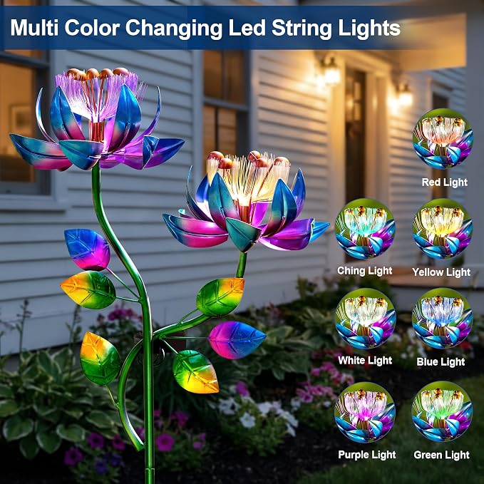 Solar Wind Spinners Blue Twin Flowers for Yard and Garden, Solar Windmill Garden Whirligig Kinetic Spinners Decor for Lawn, Patio, Yard, Metal Wind Outdoor Sculpture