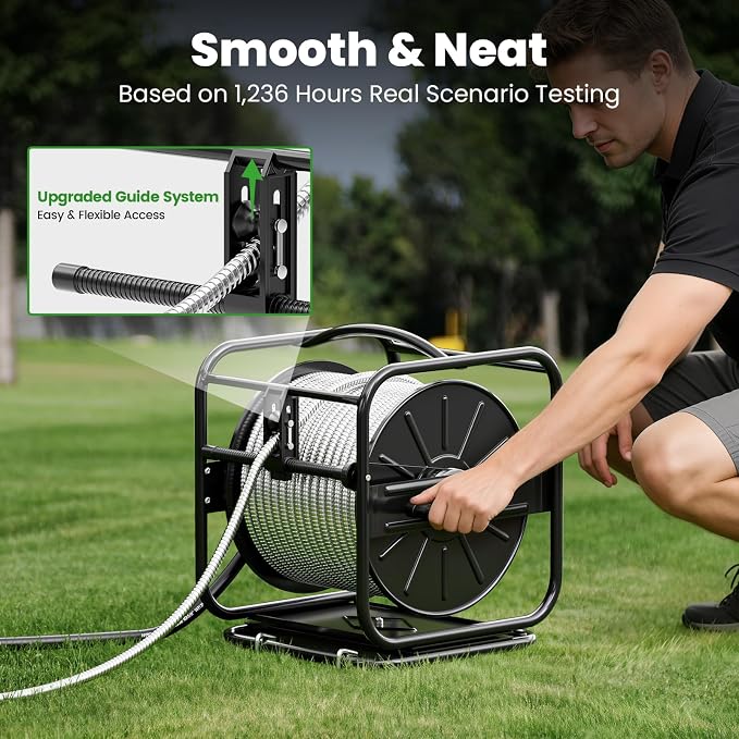 SPECILITE Heavy Duty Hose Reel with 100Ft 3/4" 304 Stainless Steel Garden Hoses, Upgraded Guide System, 360 Swivel Base, Wall Mount/Floor Water Pipe Spool for Outside, Yard, Lawn