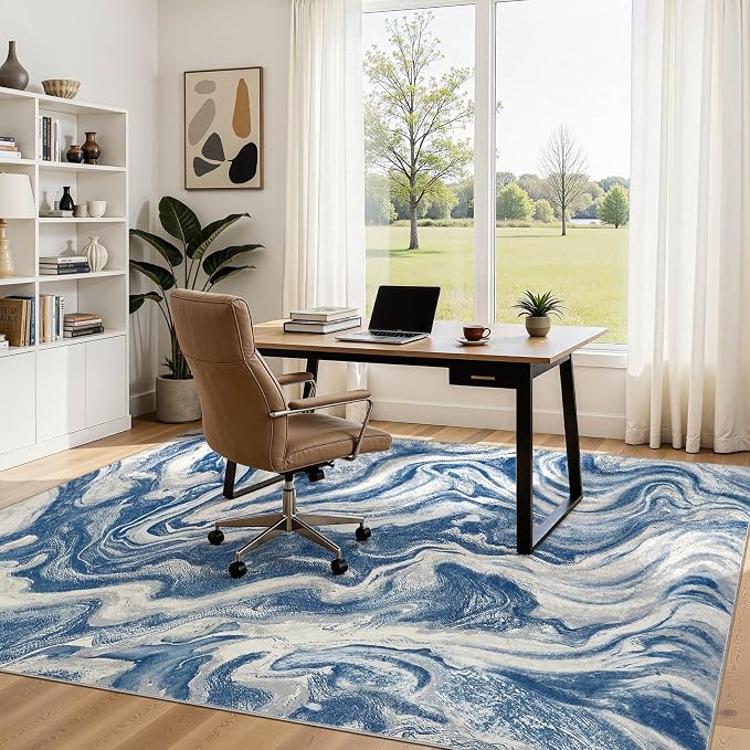 DMOYEST 5x7 Area Rug for Living Room Washable Abstract Indoor Carpet | Neutral Modern Low Pile Rugs Kid & Pet Friendly Soft Thin Carpet for Bedroom Dining Room and Office - Navy Blue