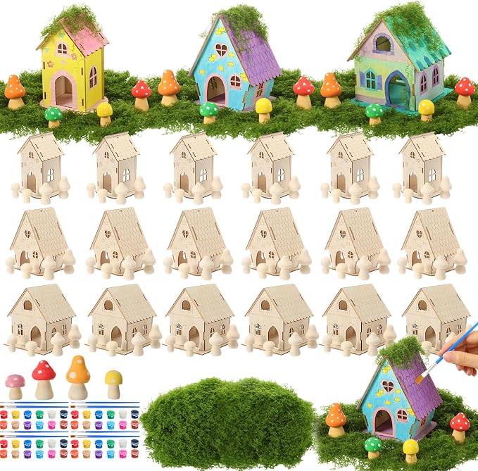 DoubleFill 18 Sets Wooden Fairy House Craft Kit for Kids - Classroom DIY Fairy Garden with Paints & Decorations - School Arts Crafts & Birthday Gift for Activity Party Decor (3 Mixed Cute Roof Styles)