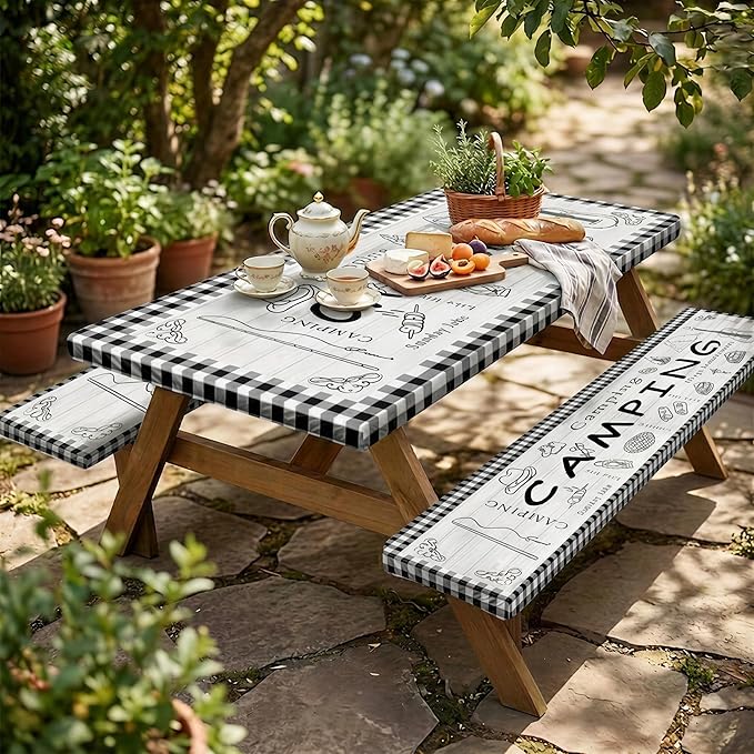 Picnic Table Cover with Bench Covers Elastic Edges, Farm Plaid Fitted Table Cover, Outdoor Patio Camping Essentials 72 Inch 3PCS, Waterproof Camping Fitted Tablecloth with Drawstring Bag